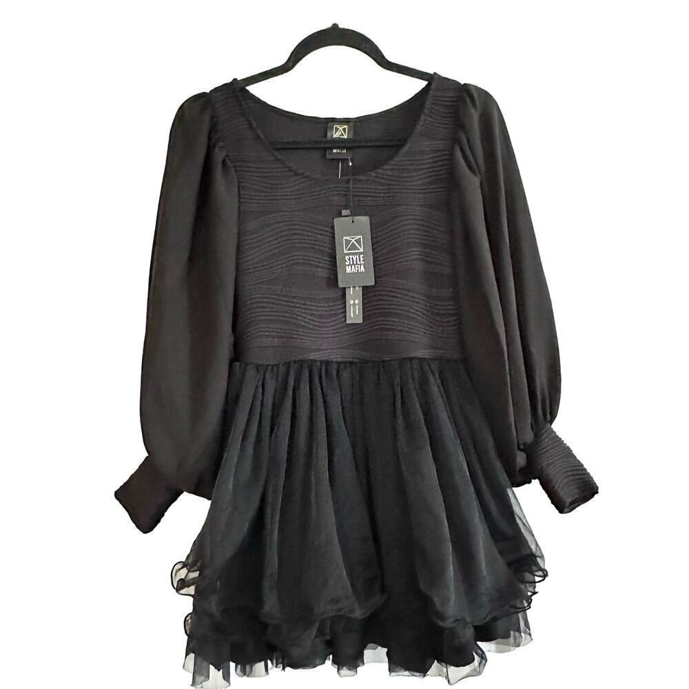 NWT STYLE MAFIA Black Textured Babydoll Dress Chiffon Gathered Puff Sleeve - S